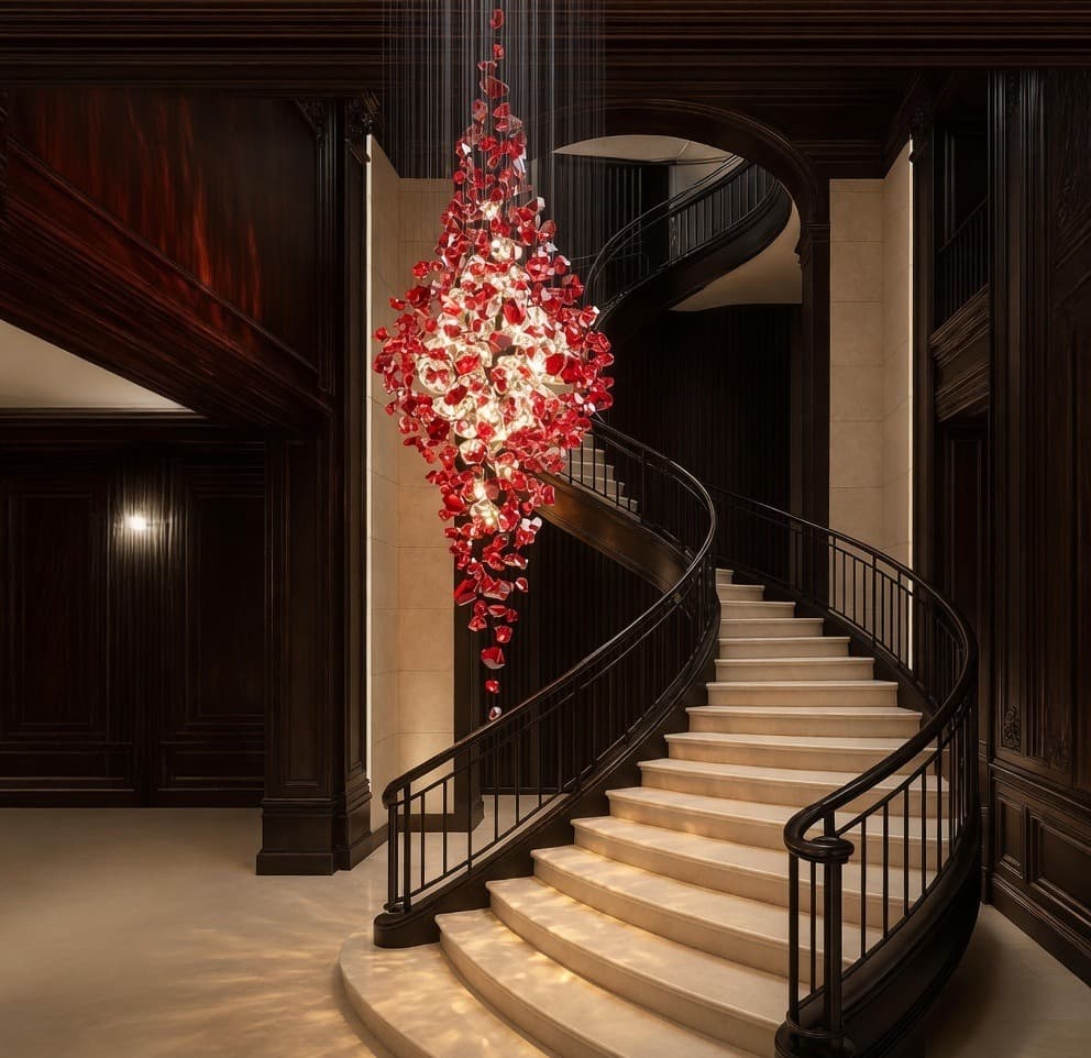 A red crystal cascade falling beside a dark spiral staircase