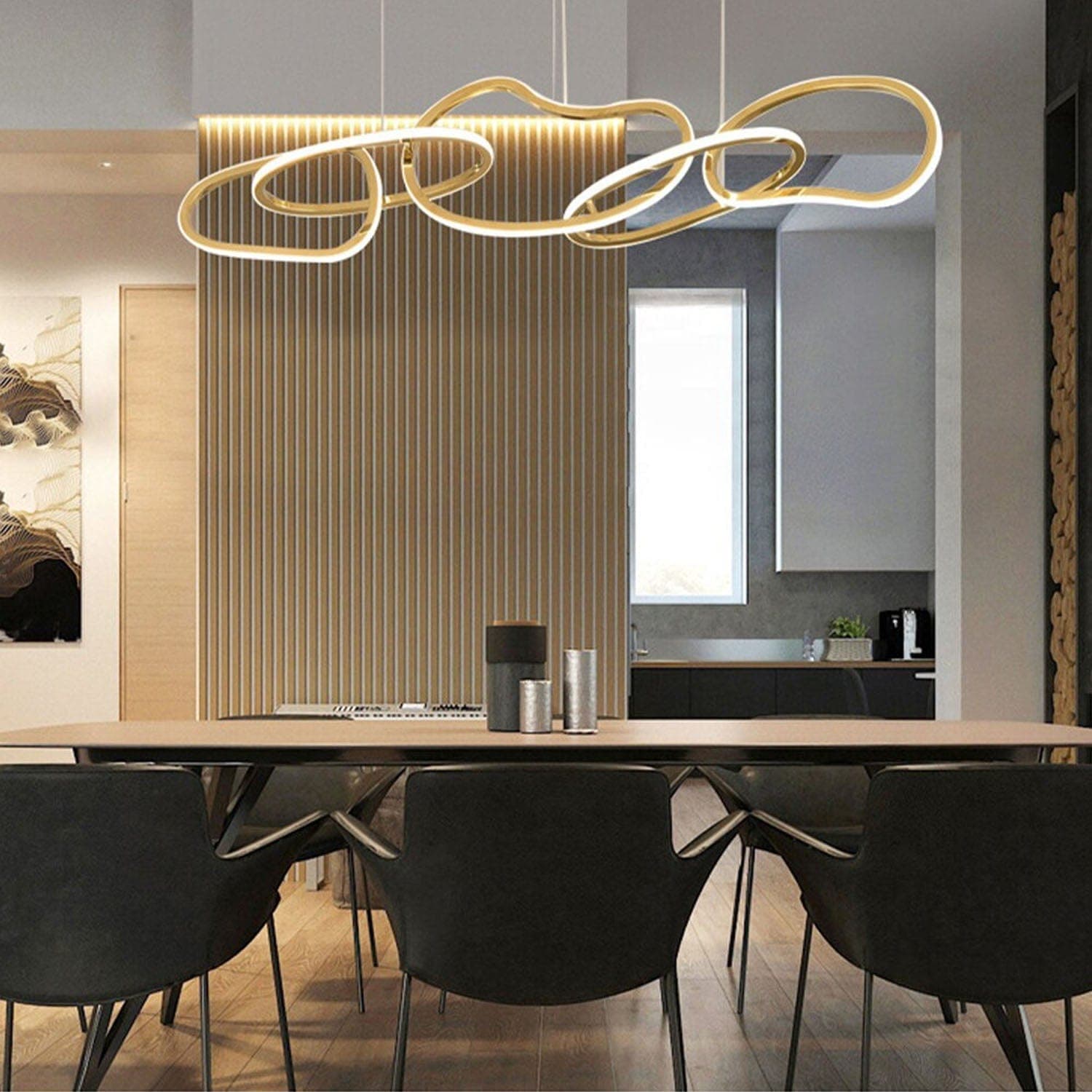 Abstract Five-Ring, Concentric LED rings that float above a dining table like orbits.
