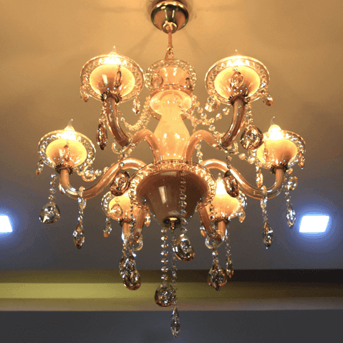 Amber Crystal Six-Light, Warm amber crystal for a living room that glows at dusk.